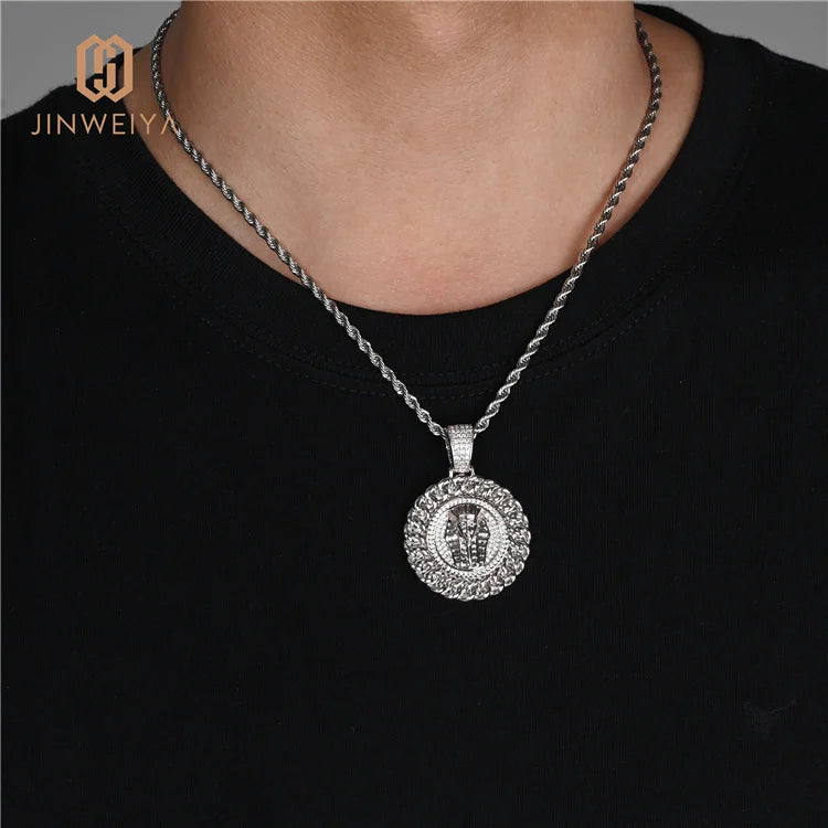 JWY Brass Egyptian Sphinx Round Necklace Pendant 18K Gold Plated Zircon Stone for Children Hip Hop Style