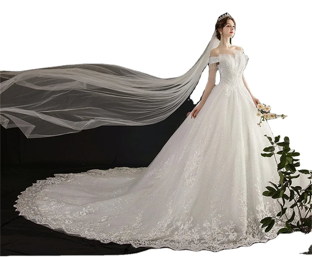 New Lace Strapless Flower Embroidery Sleeveless Long Train Tassel Wedding Dresses Bridal Main Wedding Dresses