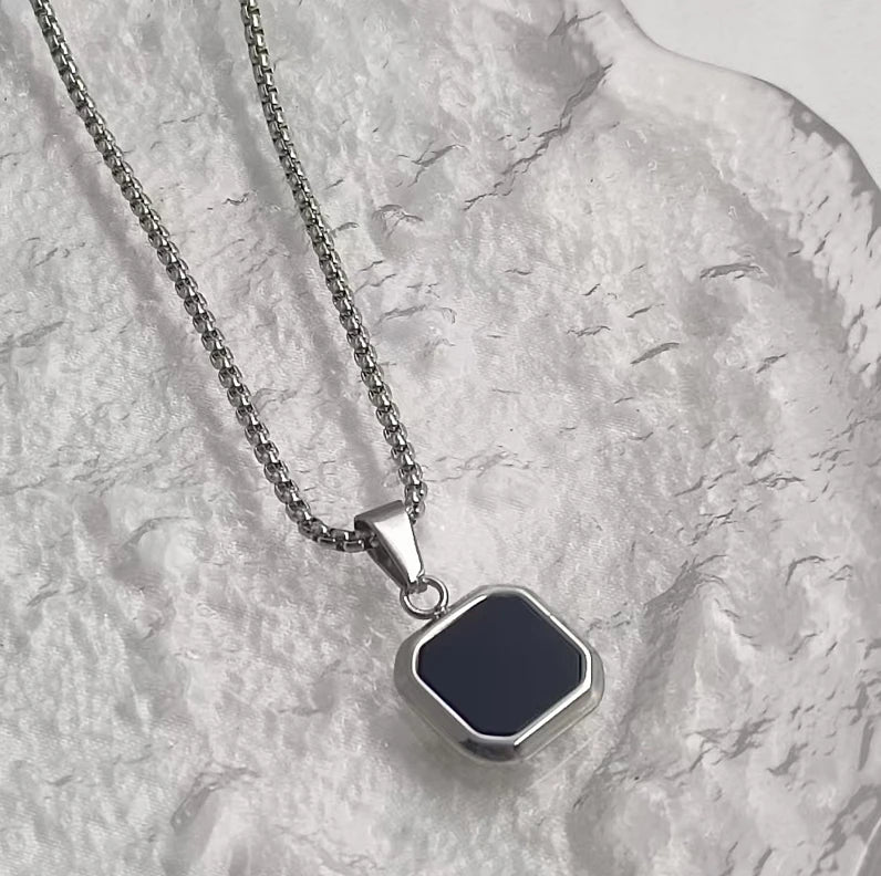 High Polished Stainless Steel Black Onyx Square Necklace for ManFashionable 24 Inch Round Box Chain