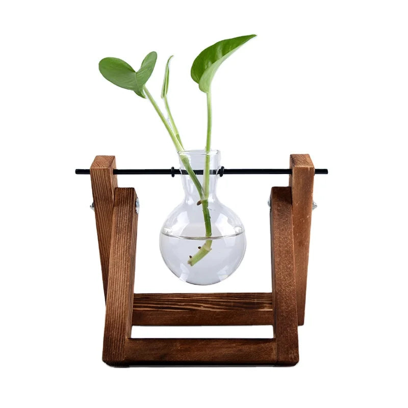 Modern Small Creative Art Deco Hydroponic Plant Vase Transparent Glass Wooden Frame for Outdoor Living Room Tabletop Decoration