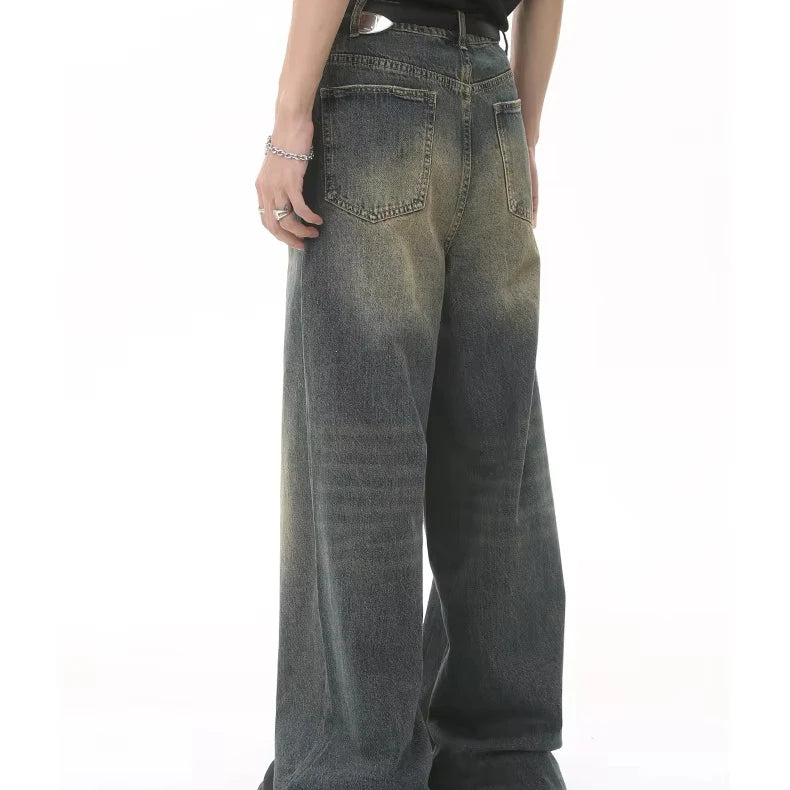 Men Vintage Denim Jeans Basics Jeans Trouser Straight Loose Sandblast Whiskers Design Indigo Blue Long Jeans Pants