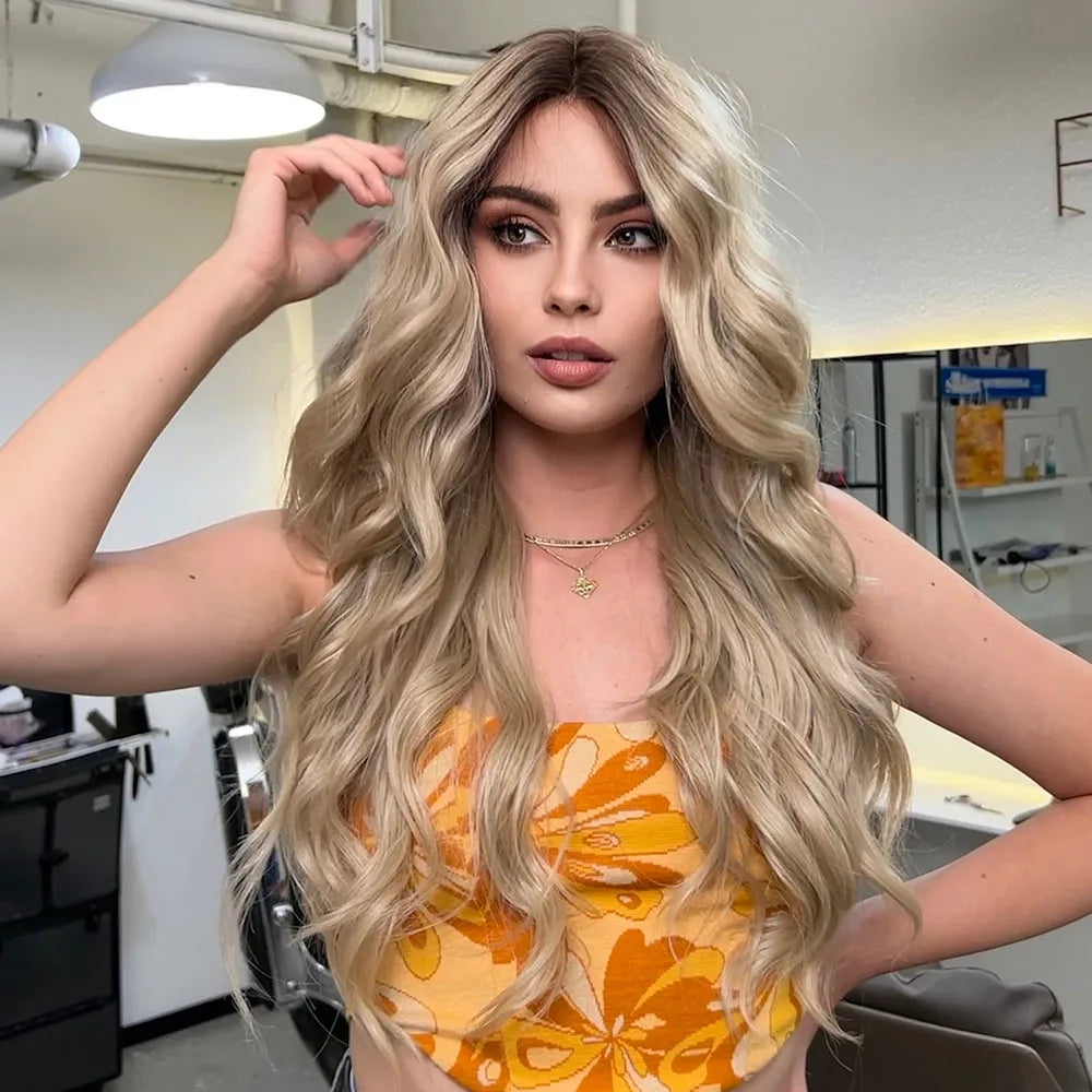 Factory Fast Delivery Long Wavy Platinum Ombre Lace Front Synthetic Wigs Blonde Lace Frontal Natural Wig for Women High Density