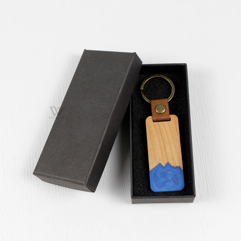 Personalized Rectangle Blank Resin Wood Keychain Laser Engraved Letter Wooden Tags Custom Logo Wood Keychain