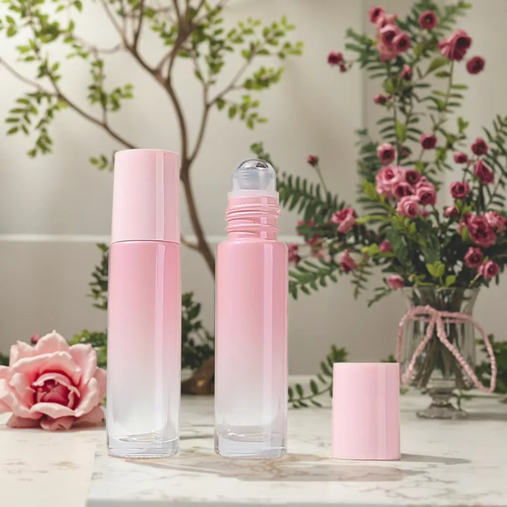 Portable 10ml Gradient Pink Glass Roller Bottle Cute Cylinder Roll-On Perfume Oils Packaging for Cosmetics