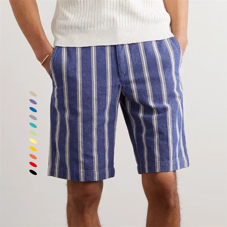 Custom Drawstring Striped Slub Flax Cotton Bermuda Linen Shorts for Men