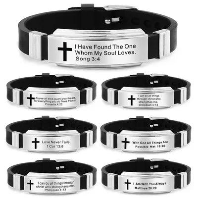 Bible Verse Christian Charm Stainless Steel Adjustable Silicone Cross Bracelet for Men and Women-Gift & Party Occasions