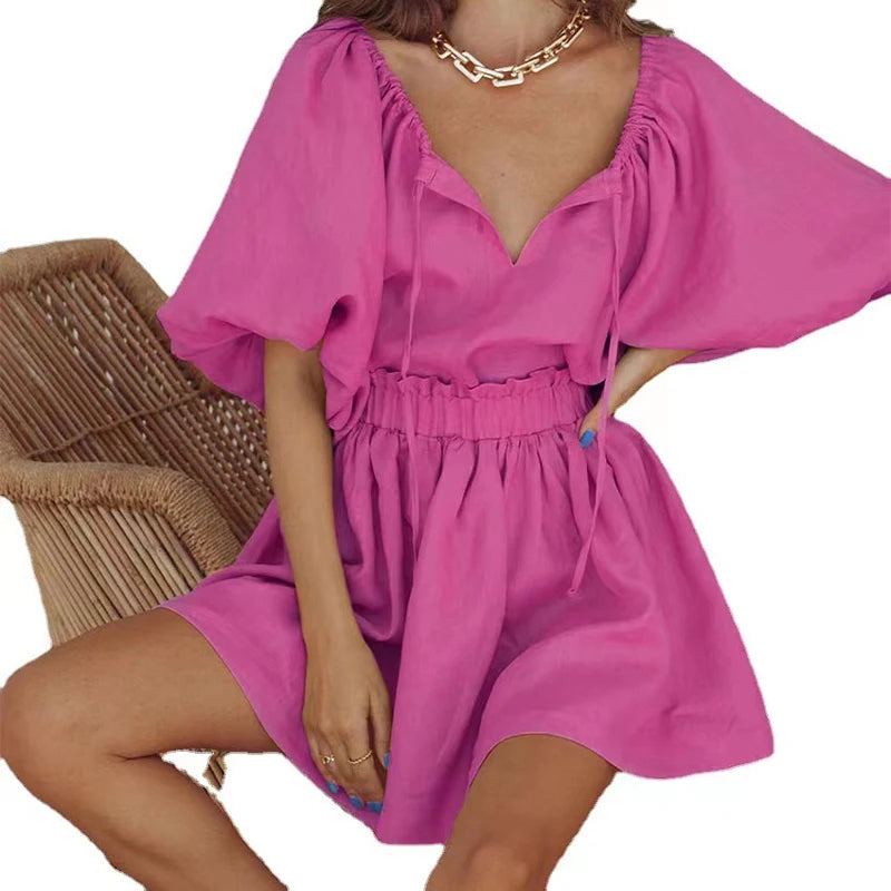 European and American Style Fashion 100% Cotton Linen Casual Set V-neck Flare Lantern Sleeve Shirt Short Skirt Two-piece Set