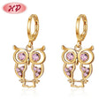Zoo Collection Creative Cute Owl Piercing Jewelry Dangling Drop Earrings pink CZ 18k Gold Plated Jewellery with Guarantee