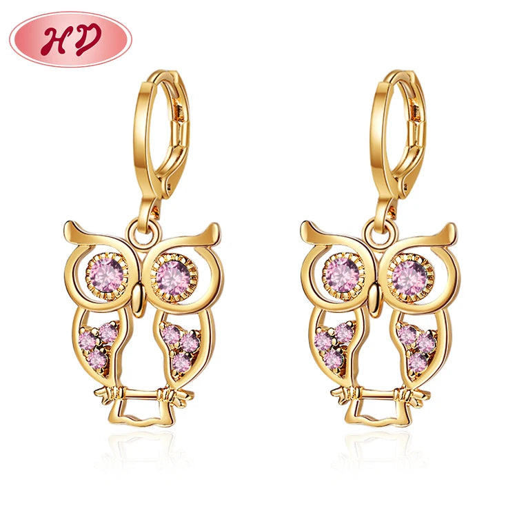 Zoo Collection Creative Cute Owl Piercing Jewelry Dangling Drop Earrings pink CZ 18k Gold Plated Jewellery with Guarantee