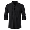 RNSHANGER New Men's V-neck Cotton Linen Long Sleeve Solid Color Casual Breathable Front Lace Autumn Shirt