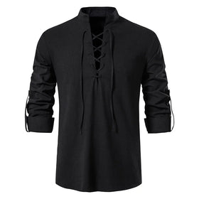 RNSHANGER New Men's V-neck Cotton Linen Long Sleeve Solid Color Casual Breathable Front Lace Autumn Shirt