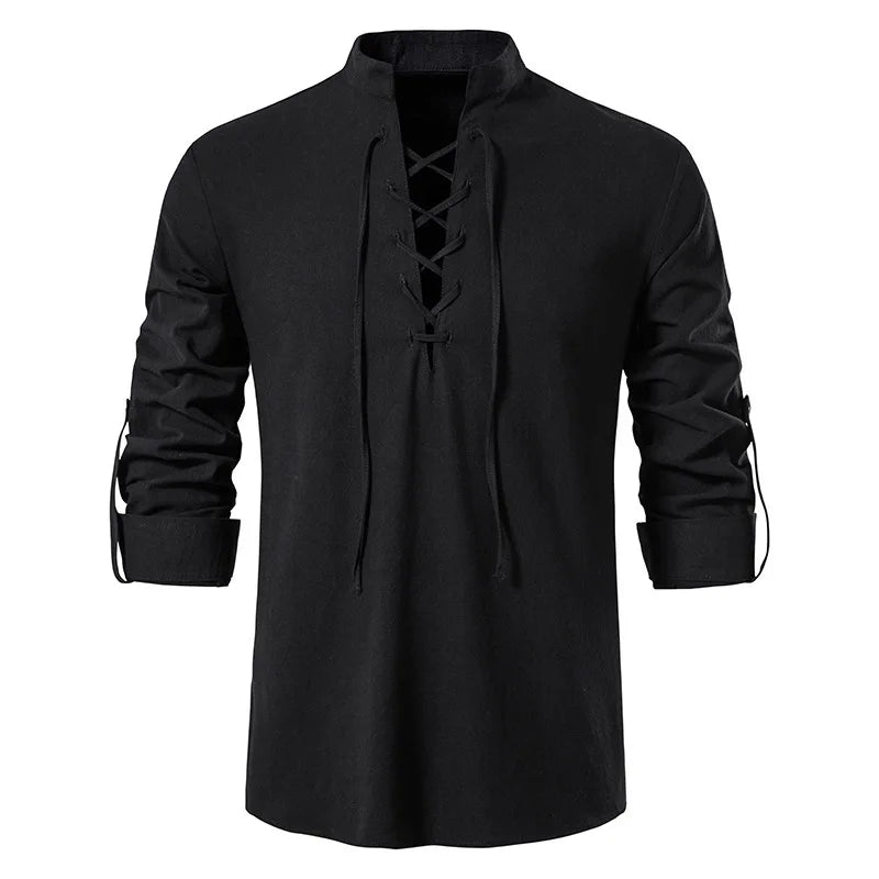 RNSHANGER New Men's V-neck Cotton Linen Long Sleeve Solid Color Casual Breathable Front Lace Autumn Shirt