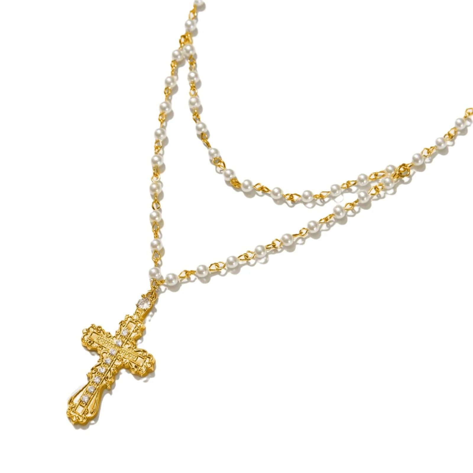 Hot Selling Punk Gothic Style Cross Pendant Necklace Earrings Jewelry Set Pearl Beaded Chain Necklace for Women