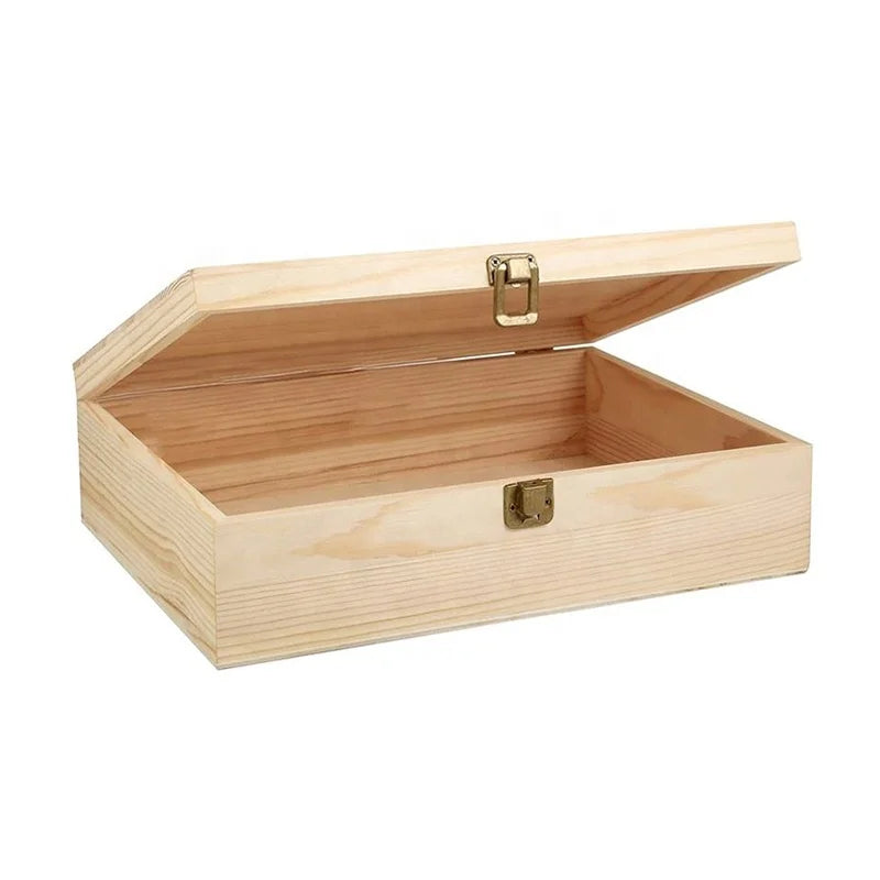 Customized Gift Natural Pine Wooden Box With Hinged Lid and Front Clasp Wooden Box
