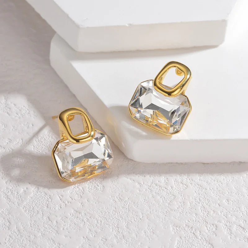 Classic Simple Design Women's Jewelry Stainless Steel Gold-plated Rhinestone Pendant Stud Earrings