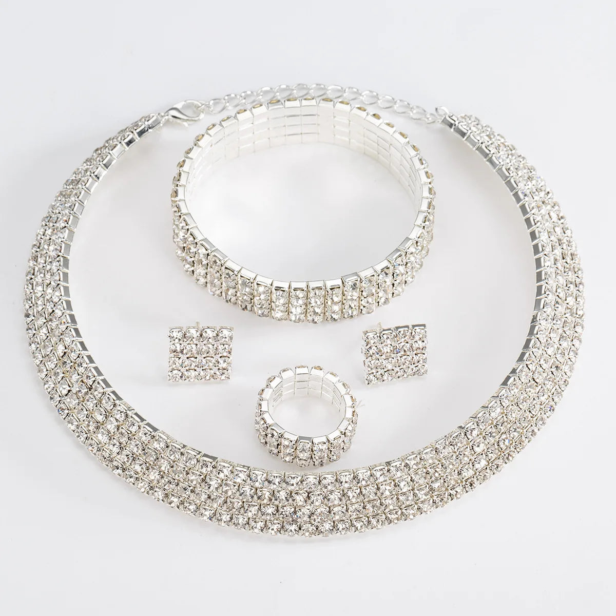 Euro-American Fashion 4-Piece Set Diamond Rhinestone Necklace Earring Stretch Ring Bracelet Collar for Wedding or Party