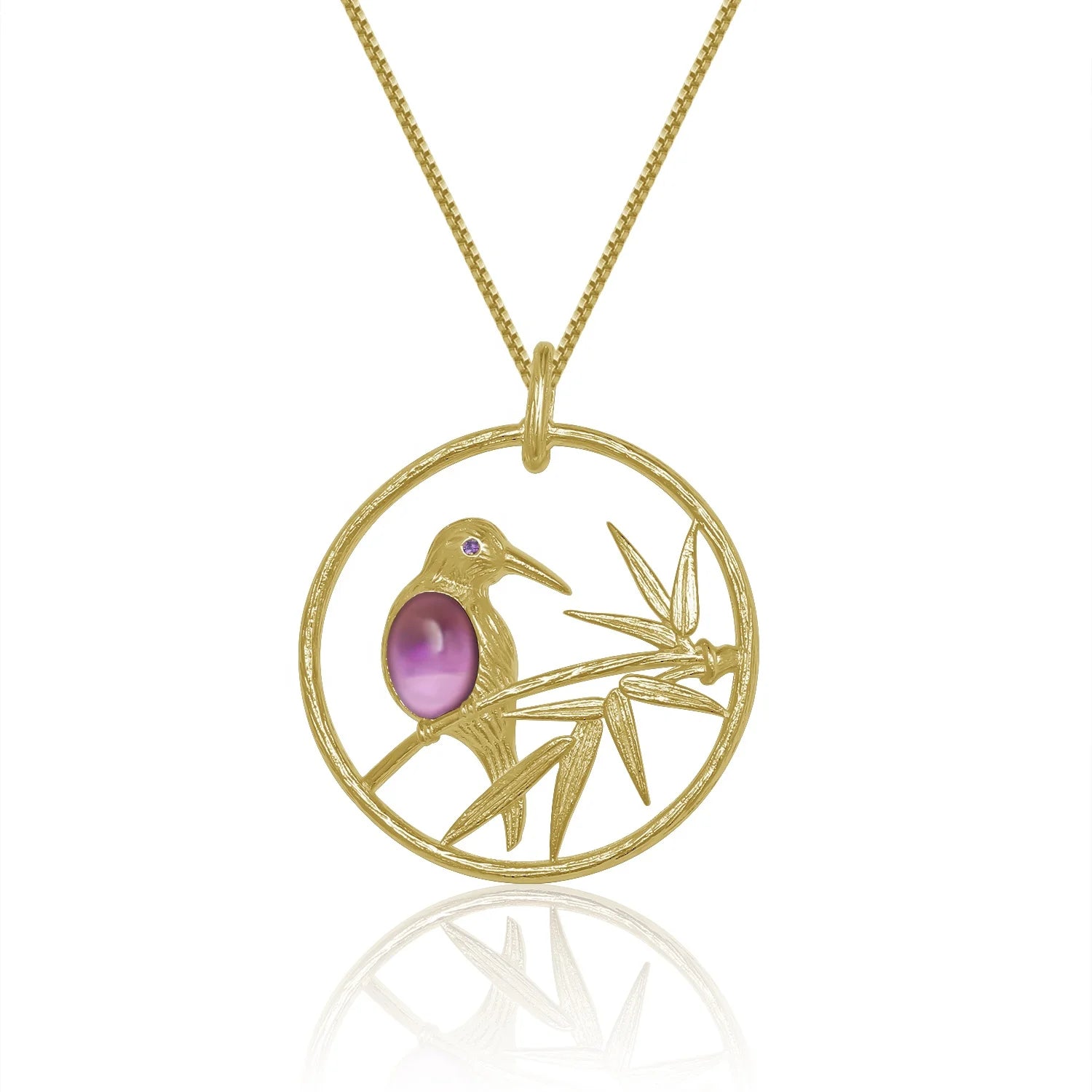 Abiding Hot Sale Natural Amethyst Round Pendant Vivid Bird Gold Plated Jewelry Fashion 925 Sterling Silver Necklace Pendant