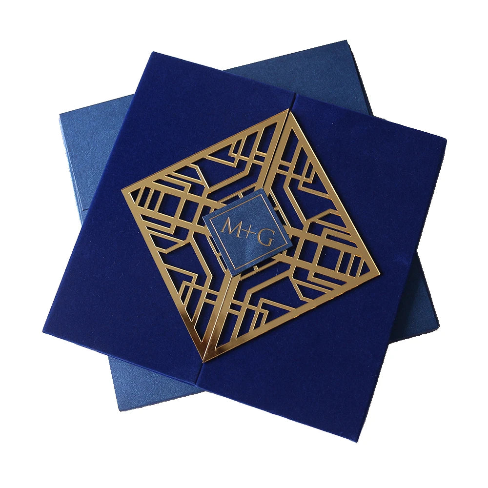 China Wholesale Blue Velvet Hardcover With Gold Mirror Acrylic Monogram Custom Logo Velvet Wedding Invitations