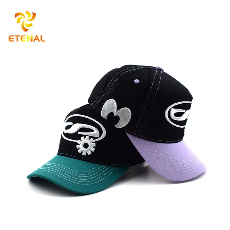 Custom 3D Embroidery Structured 5 Panel 2 Tones Black & Purple Leopard Print 100% Cotton Baseball Cap
