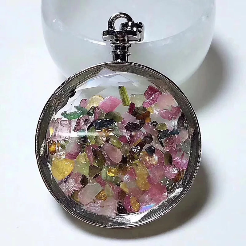 Classical Natural Stone Tourmaline Chips Pocket Watch Shape Pendant Wishing Bottle Necklace Collars Jewelry Gift for Women