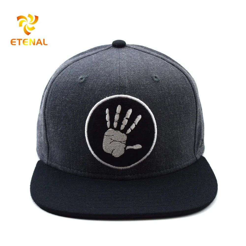 Custom 3D Embroidery Floral Street Party Grey Panel Black Brim Wool Snapback Caps Unisex Tropical Leaf Fleece Jersey Outdoor