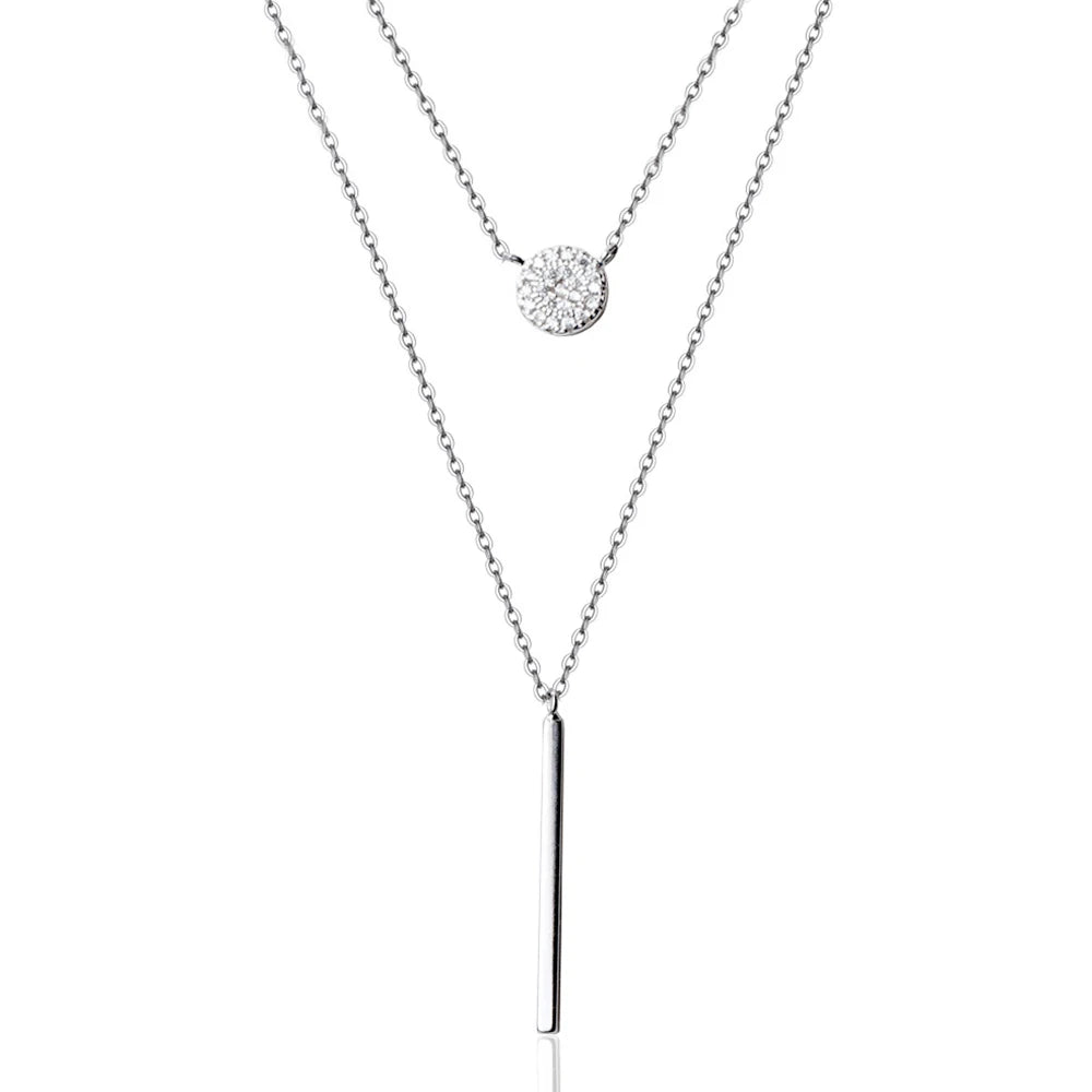 S925 Sterling Silver Bar Dot Vertical Double Layered Chain Choker Y Clavicle Necklace Pave Circle and Thin Bar Necklace