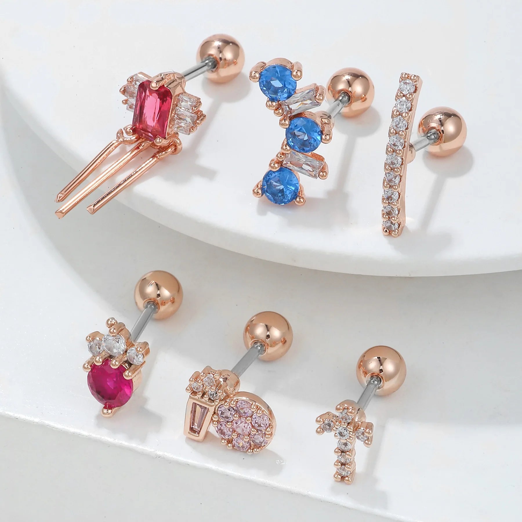 High-End Personalized Geometry Color Zircon Ear Bone Nails 18K Gold Plated Fine Rod Piercing Jewelry Earrings Studs for Women