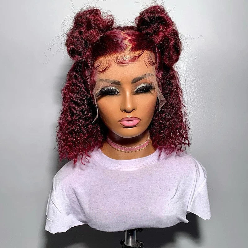 Glueless Virgin Human Hair Deep Curly Purple Color Wig Transparent HD Lace Front Wigs With Pre Plucked Hairline