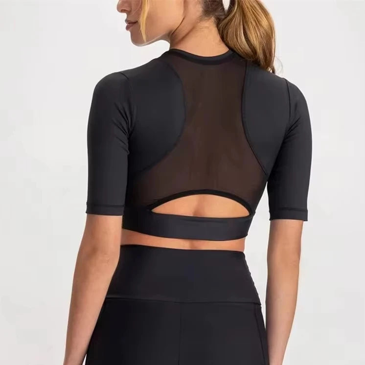 2026 New Women's Mesh Back Short Sleeve Yoga Crop Top Breathable Workout Tops Cropped Activewear Short Sleeves Sports Tees