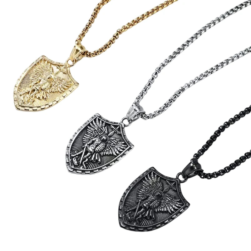 Fashion Shield Shape Saint Michael Pendant Necklace Stainless Steel Gold Plated Vintage Charm Necklace Jewelry