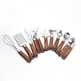9Pc Kitchen Gadget Set Stainless Steel Utensils with Covered Wood Grain Handles
