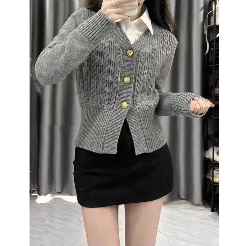Women's Autumn and Winter Fashion Cardigan V-neck Sweater Slimming and Soft Glutinous Casual Knit Sweater