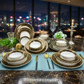24pcs KAROSA Classic Bone China Dinnerware Set with Gold Inlay Handpainted Design for Wedding & Restaurant Use