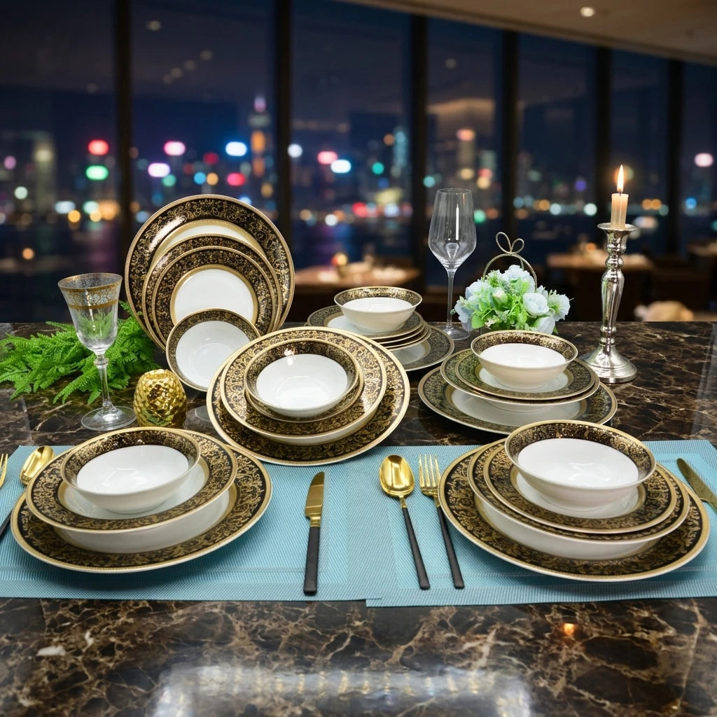 24pcs KAROSA Classic Bone China Dinnerware Set with Gold Inlay Handpainted Design for Wedding & Restaurant Use