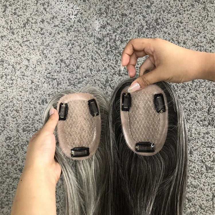 European Russian Raw Virgin Human Hair Full Hand Tied Silk Base With Clips Virgin Cuticle Aligned Gray Topper