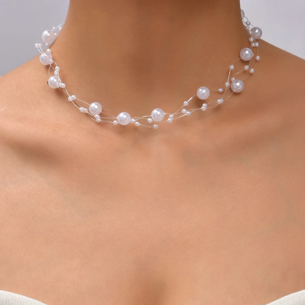 RLO-07 Wholesale Adjustable Handmade Short Necklace Women Simple Sweet Neck Jewelry Fashion White Pearl Fish Wire Choker