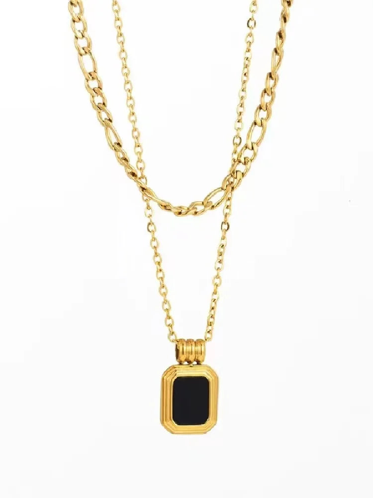 European and American Personality Minimalist Retro Fashion High-End Black Square Enamel Gold Double Layered Chain Necklace