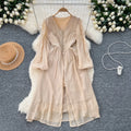 Women'S Fall French Retro V-Neck Lantern Sleeve Waisted Single-Breasted Split Long Sleeve Dresses