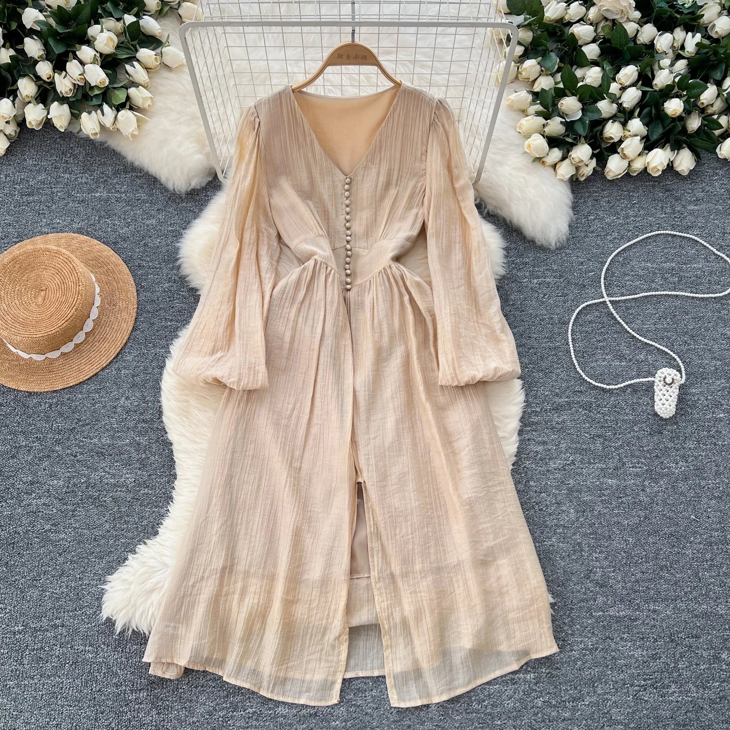 Women'S Fall French Retro V-Neck Lantern Sleeve Waisted Single-Breasted Split Long Sleeve Dresses