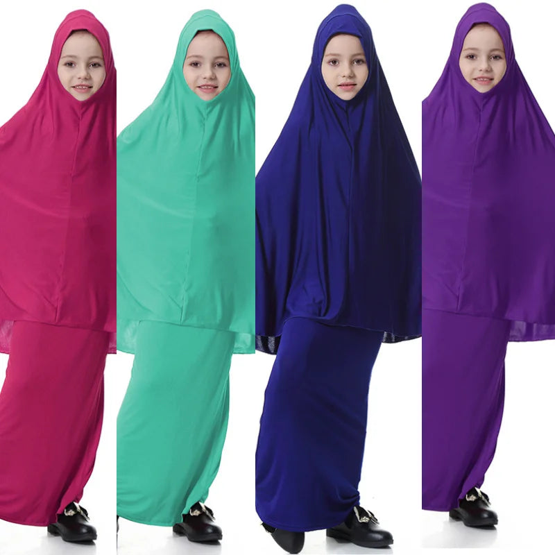 2024 Lovely Kids Prayer Dress Comfortable Milk Silk Fabric Bat Sleeves Kids' Dresses Solid Color 2 Pieces Set Suit Jilbab Kids