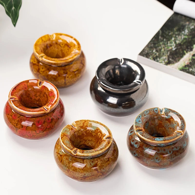 Retro Kiln Ceramic Ashtray with Lid Home Living Room Tea Table Decoration Creative Ashtray Anti-flying Dust