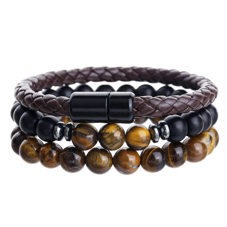X058 Wholesale Mens Beaded Bracelet Stack Agate Tiger's Eye Stone Leather with Magnetic Clasp Bracelets Set Fashion Accessory