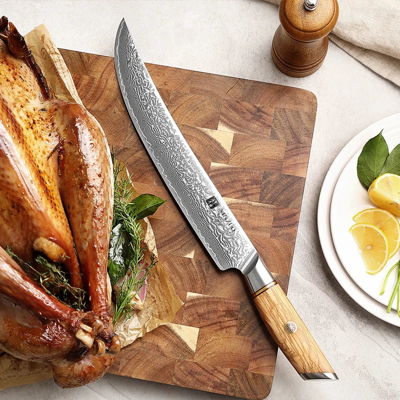 Sharp 10 Inch Carving Knife Custom Damascus Steel 73 Layers Powder Steel Olive Wood Handle Kitchen Knife