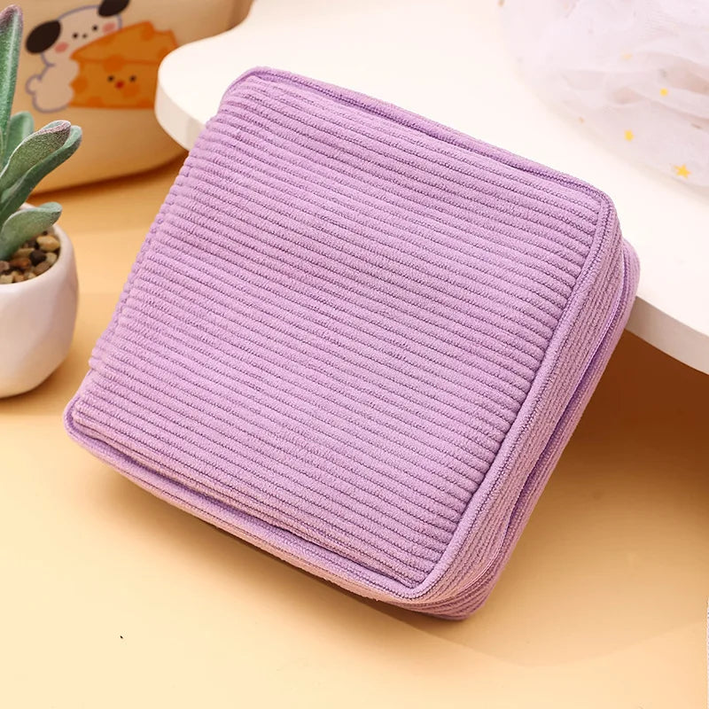 Pure Color Women's Mini Corduroy Fabric Bag Sanitary Napkin Storage and Packaging Pouch Small Fabric Bag