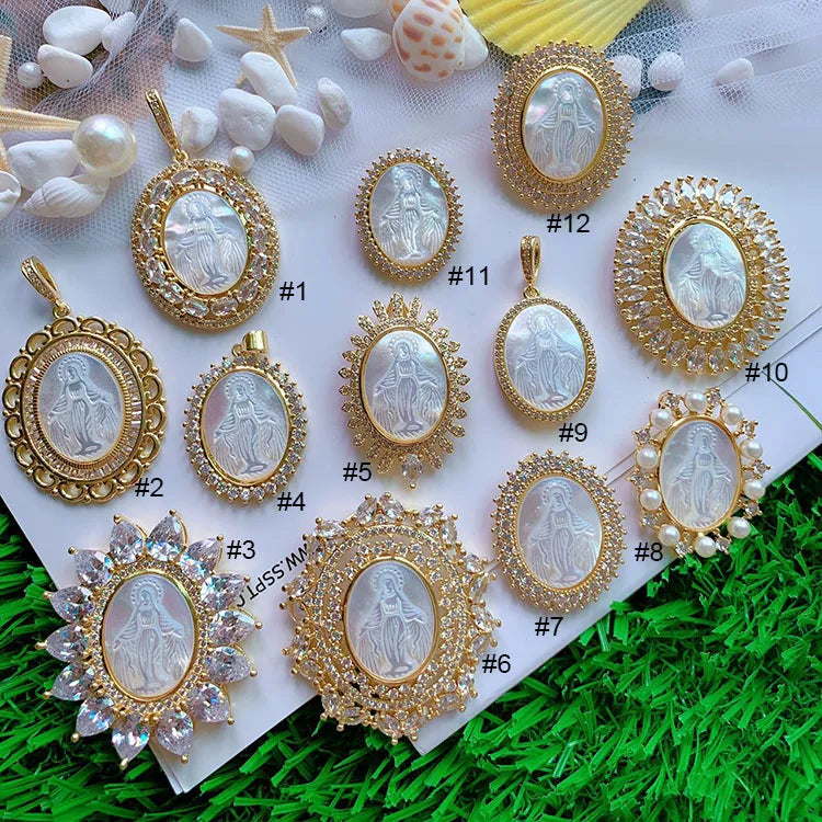 CZ8490 Gold Plated CZ Pave Mother of Pearl  Medal Virgin Mary Pendant Religious Catholic Jewelry Pendants