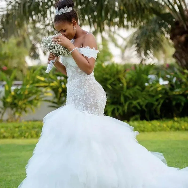 S0358T Elegant Custom-Made Lace Mermaid Gown Bride Vestido De Noiva Chapel Train Printed Technique Ball Gown Wedding Dress