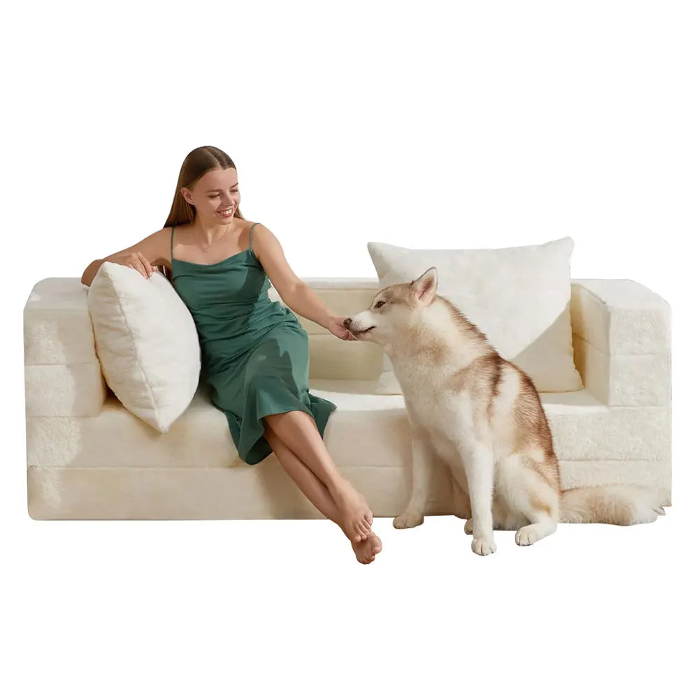 Modern Style 3-in-1 Folding Bean Bag Chair for Adults Convertible Bean Bag Sofa Bed with Pillow Large Faux Fur Floor Couch