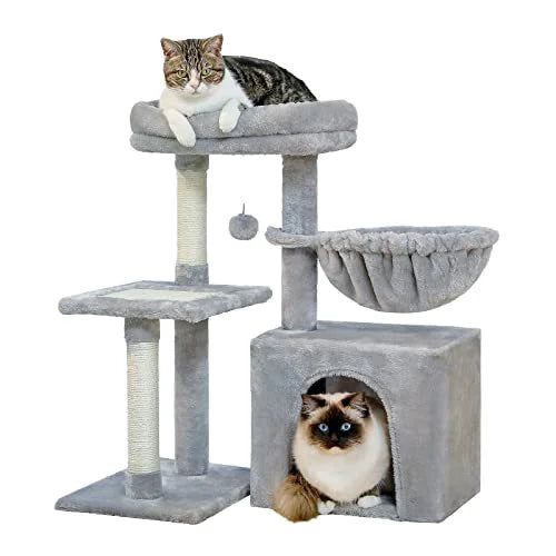 Modern Large Grey Cat Tree Real Wood with Plush and Sisal Realistic Furniture Tower Pet Toy for Cats