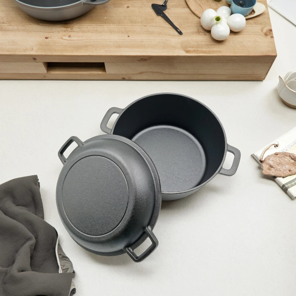 Factory Wholesale 2-in-1 Pre-Seasoned Cast Iron Bread Oven Dutch Oven with Frying Pan Lid Cooking Pan Kitchenware Set