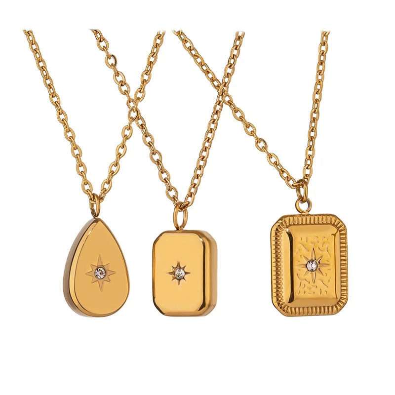 JINYOU 2231 Fashion Waterproof PVD 18k Gold Plated Stainless Steel Square North Star Pendant Charm Necklace Jewelry Women